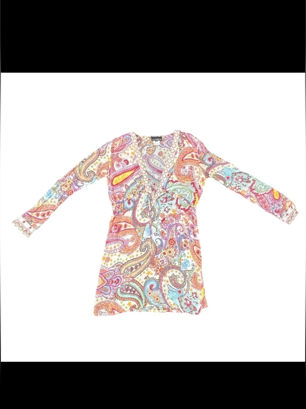 Athleta Women's Paisley 3/4 Sleeve Tie Front Woven Tunic Blouse/Swim Cover